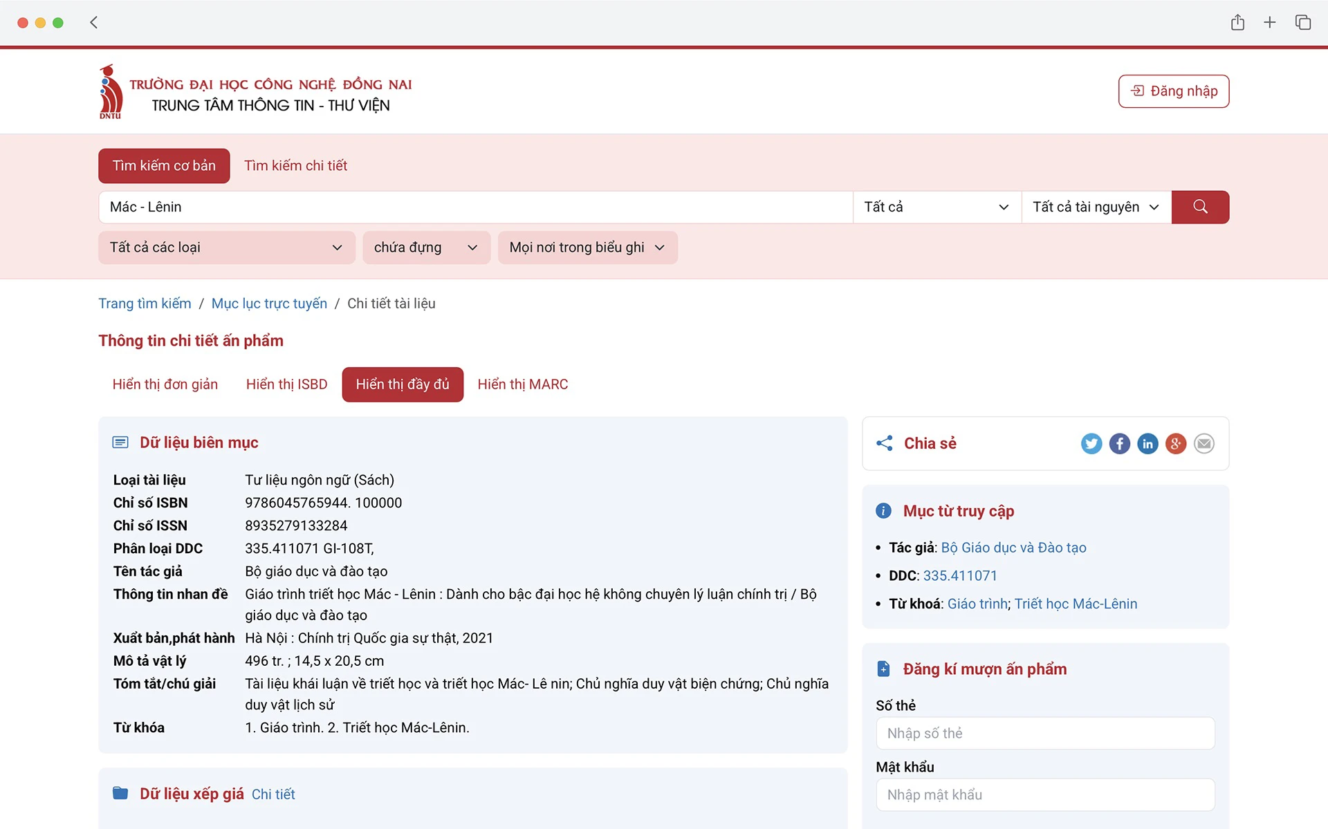 Ảnh chụp màn hình của Trung tâm Thông tin - Thư viện DNTU